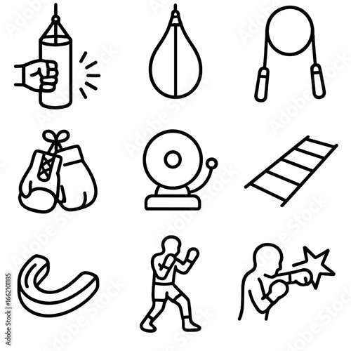 Boxing Icons. Outline style icon of Boxing Fight Spirit: heavy bag punch, speed bag, jump rope, gloves laced, ring bell, footwork