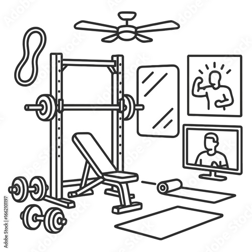 Home Gym Essentials. Outline style icon of Home Gym Motivation: adjustable bench, power rack, dumbbell set, resistance band loop,