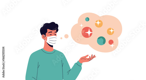 Person wearing face mask contemplating sparkling orbs and positive thoughts