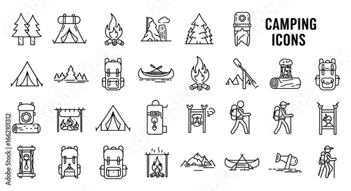 camping icons detailed line art illustrations of outdoor adventure featuring tents campfires backpacks canoes  mountains perfect for travel blog design