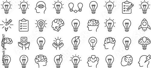 Light bulb icons, brain ideas, innovation symbols, creativity vector, inspiration concepts, thinking design, mind intelligence graphics, creative solutions set