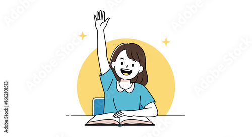 Happy young student raising hand answering question sitting at desk with open book and yellow circle background