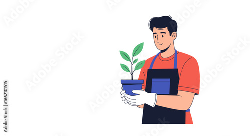 Gardener holding a potted plant with fresh green leaves