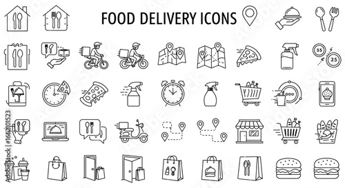 food delivery icons set of line art vectors depicting online food ordering and contactless delivery service for web design projects