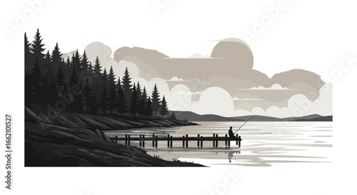 Fisherman silhouette fishing on a pier at dusk overlooking calm lake waters surrounded by a tranquil forest landscape for themes of solitude and relaxation.