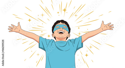 Youngster embracing joyful empowerment radiance with open arms exuding happiness and enthusiasm