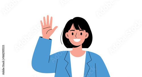 Friendly businesswoman waving hello with a warm smile and professional attire