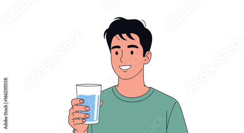 A young man enthusiastically holds up a glass of refreshing water showing healthy hydration
