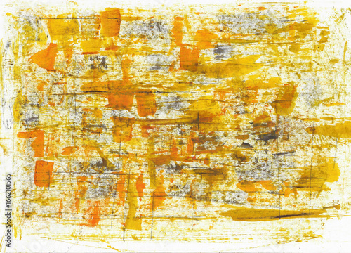 Modern abstract background in yellow and orange with expressive brushwork.