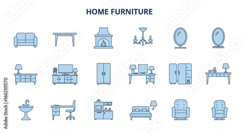 home furniture icons a set of line art illustrations showing a living room bedroom kitchen and bathroom useful for interior design concepts and web design