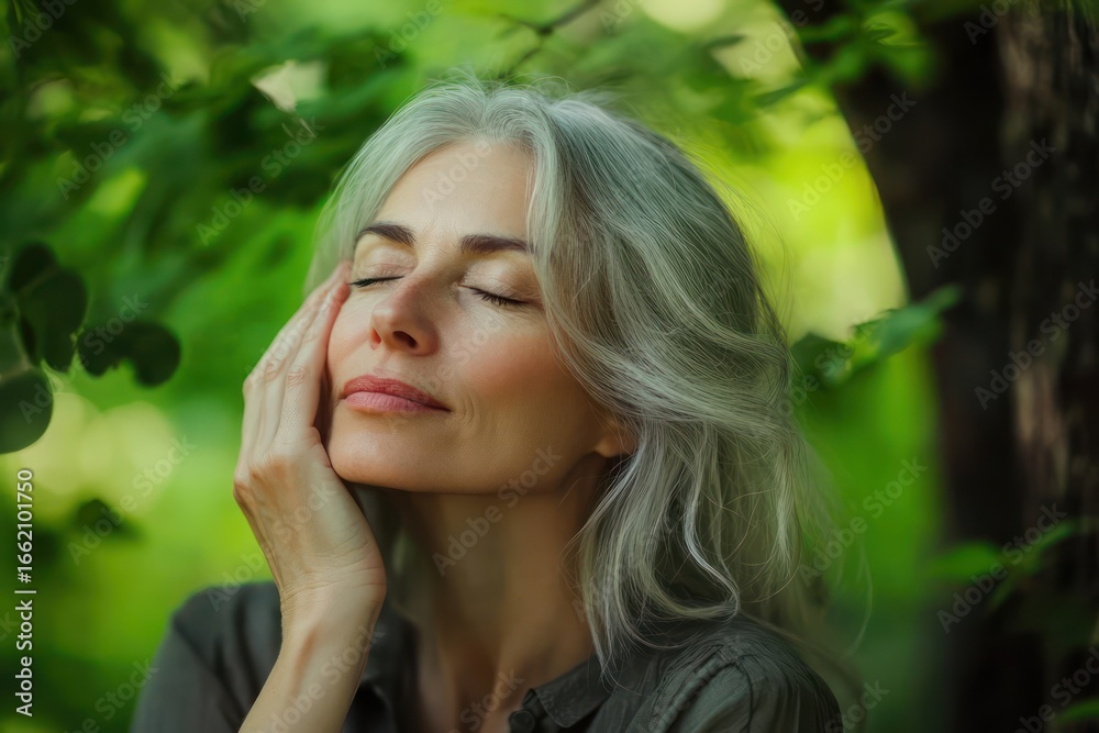 Naklejka premium Elderly woman serene in tranquil park