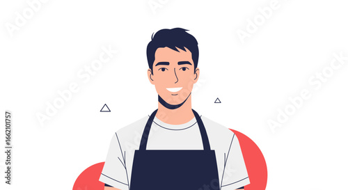 Friendly male barista smiling in an apron ready to serve customers with warm hospitality