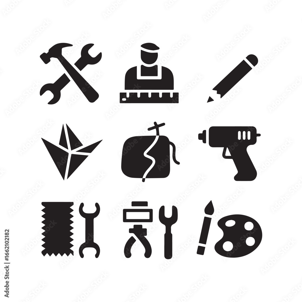 A set of crafting icon silhouettes on a white background.