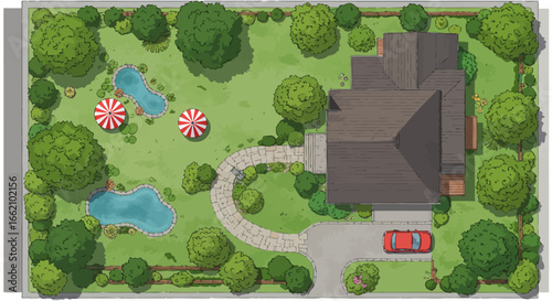 aerial view backyard landscaping plan featuring pools umbrellas patio driveway trees and plants enhancing property value for home design projects