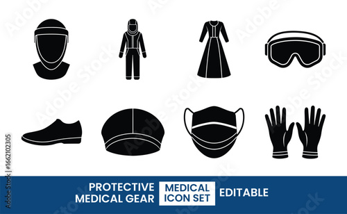 Protective Medical Gear, Medical Icon Set, face shield, hazmat suit, medical gown, protective goggles, shoe cover, surgical cap, surgical face mask, surgical gloves