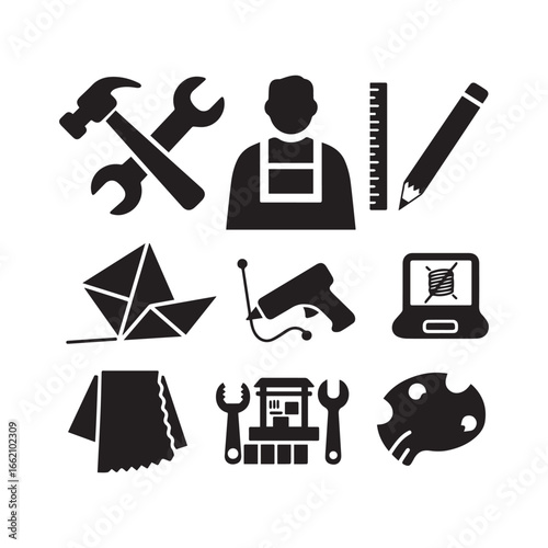 A set of crafting icon silhouettes on a white background.