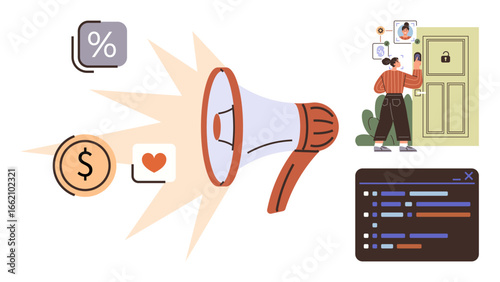 Megaphone projecting sales, heart, and alert icons. User accessing a secured interface while interacting with multimedia. Ideal for marketing, e-commerce, promotions, cybersecurity, communication