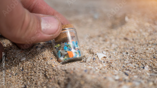 A hand holding a sample jar with tiny plastic particles collected from the seashore, illustrating the environmental crisis and water contamination. Microplastic pollution on the beach.
