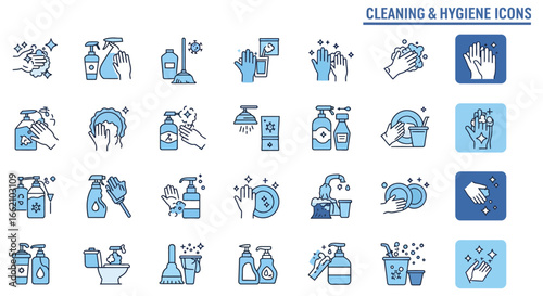 cleaning and hygiene icons hands washing with soap disinfectant spray hand sanitizer toilet cleaner and dishwashing liquid for sanitation needs