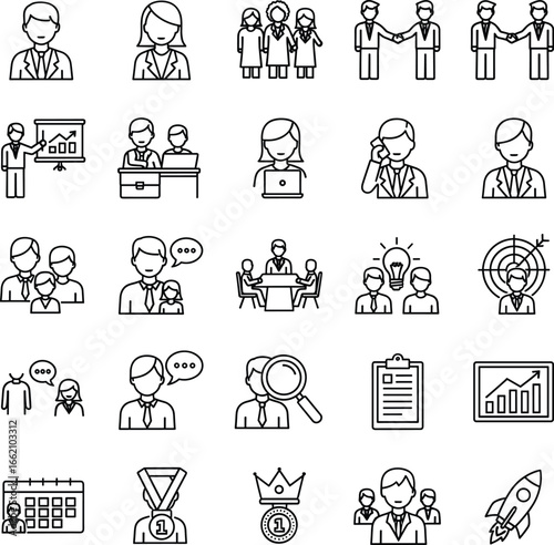 Business icon set with teamwork, leadership, communication, planning, strategy, analysis, success, productivity, collaboration, goals, innovation, ideal for corporate purposes