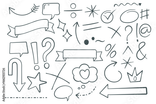 Hand-Drawn Doodle Vector Set with Arrows, Banners, Speech Bubbles, and Miscellaneous Symbols