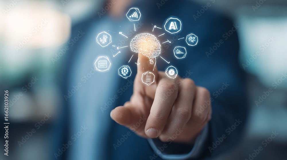Fototapeta premium Businessman in Suit Touching Digital Brain with Technology Icons in Modern Office