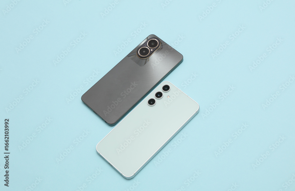 Fototapeta premium Two smartphones with dual and triple cameras on blue background