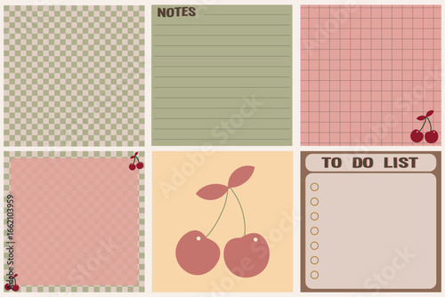 Set of memo pads, square notepads cute planner, journal, notepad, paper vector, pink,green,brown,to do list, cherry,checkerboard