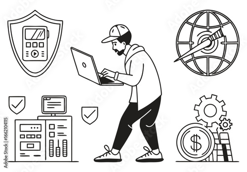 Man with laptop and technology icons computer network