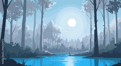 forest landscape with water a serene forest landscape reflecting the sun in the blue water evoking tranquility and natural beauty ideal for nature blogs and environmental awareness campaigns.