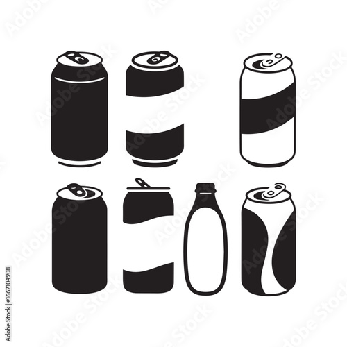 A vector silhouette collection depicting various soda can designs in black and white. 