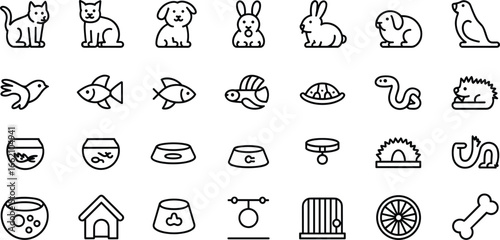 Pet animal icons, dog, cat, fish, bird, rabbit, turtle, pet food, collar, cage, bowl, bone, reptile, rodent, aquarium, vector line, minimalist, black outline, editable stroke, pet shop