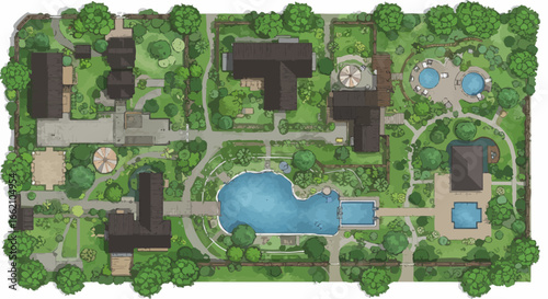 landscape architecture plan showcasing residential design with swimming pool creating an overhead visualization of luxury homes and manicured gardens ideal for urban planning projects.