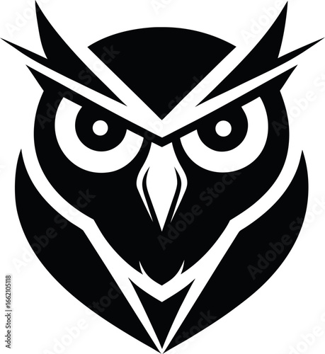 Abstract black and white owl head illustration with sharp, geometric lines, symbolizing wisdom, knowledge, and nocturnal vigilance.