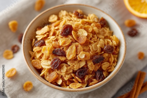 Bowl of Raisin Bran Cereal with Autumn Accents on Linen Cloth