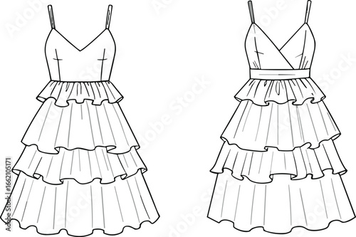 Flat cad fashion drawing of sleeveless tiered ruffle maxi dress with spaghetti straps and v neckline, vector illustration, apparel sketch