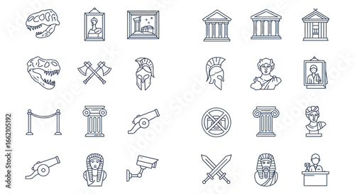 Museum icons depicting historical artifacts arts and antiquities illustrating art history concepts and creating a sense of cultural heritage preservation.