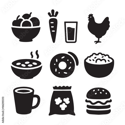 Set of nutrition food silhouette icons featuring healthy and fast food items on clean white background. 
