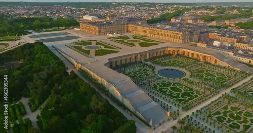 Aerial view of Palace of Versailles and the gardens surrounding it, France