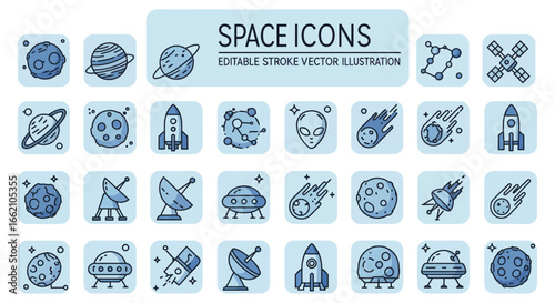 space icons collection editable stroke vector illustration of planets rockets ufo comets and satellite perfect for education materials and science illustrations.