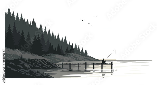 Silhouette of a fisherman fishing from a wooden pier at a tranquil lake surrounded by evergreen trees conveying peace and solitude perfect for nature and travel blogs.