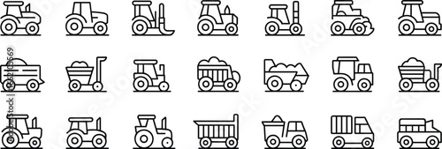 Tractor, Dump Truck, Construction, Farm and Utility Vehicle Icons Vector, Heavy Equipment, Industrial Transport, Machine Line Art
