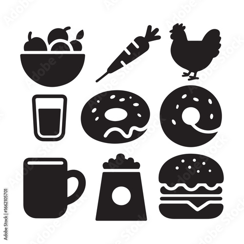  Set of nutrition food silhouette icons featuring healthy and fast food items on clean white background. 