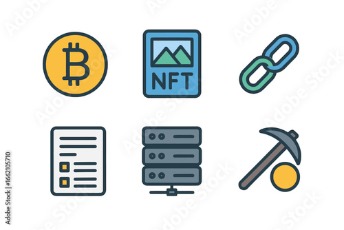 Cryptocurrency NFT and Blockchain Flat Icons Set
