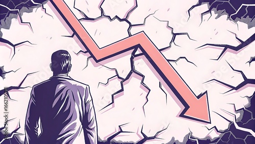 Man observing a sharp downturn on cracked wall symbolizing economic collapse or financial crisis