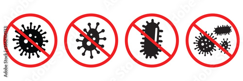 No Virus Infection Icons Set – Stop Germs, Bacteria, and Coronavirus Prevention Symbols in 
Red Warning Circles Vector Illustration