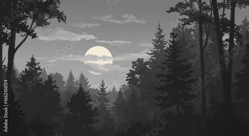 dark forest under moonlight a serene woodland landscape at night with silhouetted trees under a full moon ideal for nature posters mystical book covers and gothic art.