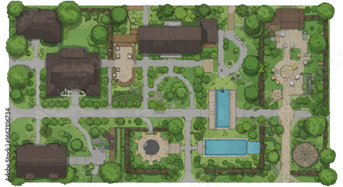 neighborhood plan showcasing backyard pools and community gardens capturing residential landscape design and outdoor living for real estate marketing