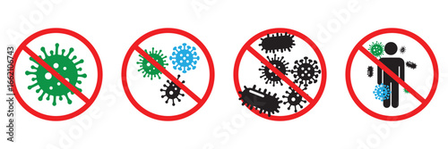 No Virus Infection Icons Set – Stop Germs, Bacteria, and Coronavirus Prevention Symbols in 
Red Warning Circles Vector Illustration