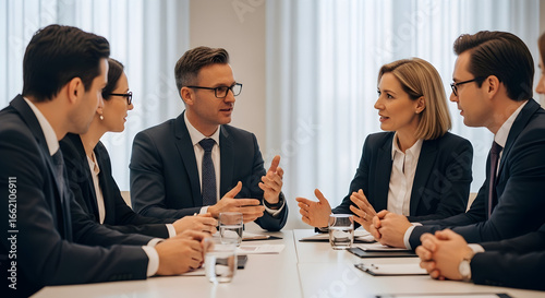 Business Meeting with Six Professionals Discussing Ideas in Modern Conference Room